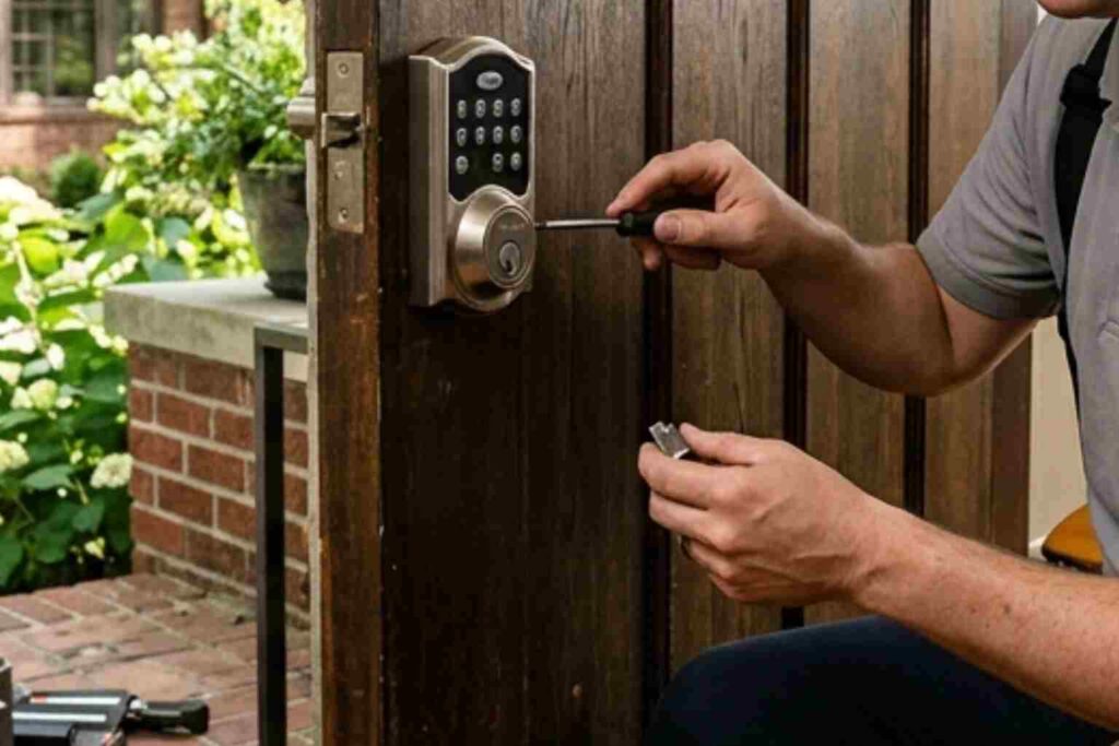 A professional locksmith in Champaign IL installs a new keyless smart lock on a front door for a resident.