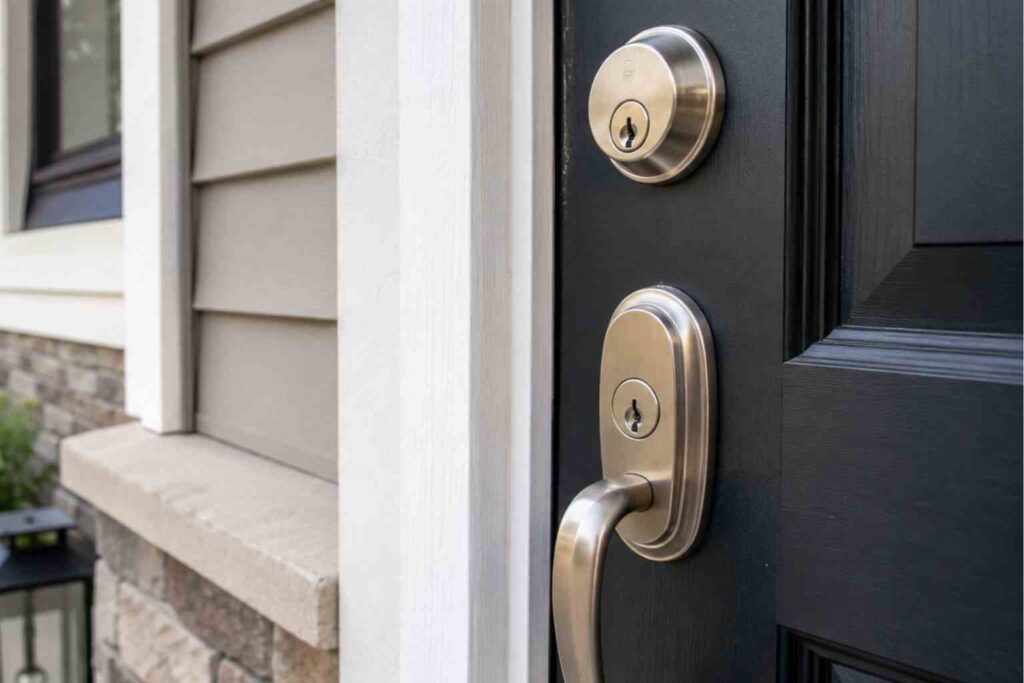 Modern home entry door with secure deadbolt and handle installation for residential locksmith services in Urbana IL