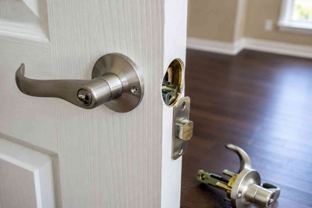 Close-up of lever handle lock mechanism repair on an interior door for residential locksmith services in Urbana IL