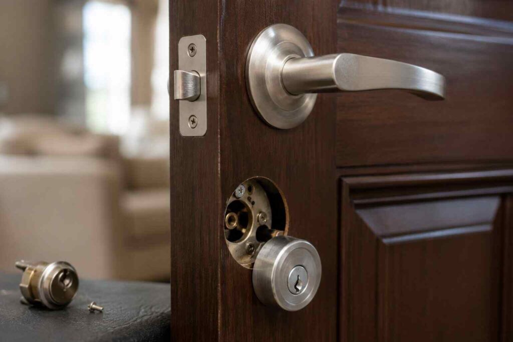 Close-up of residential locksmith lock repair and replacement on a wooden home entry door in Urbana IL