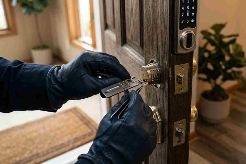 A zoomed-in view of a professional technician performing residential security upgrades for a home in Rantoul, Illinois, featuring lock rekeying alongside a newly installed electronic smart lock keypad.