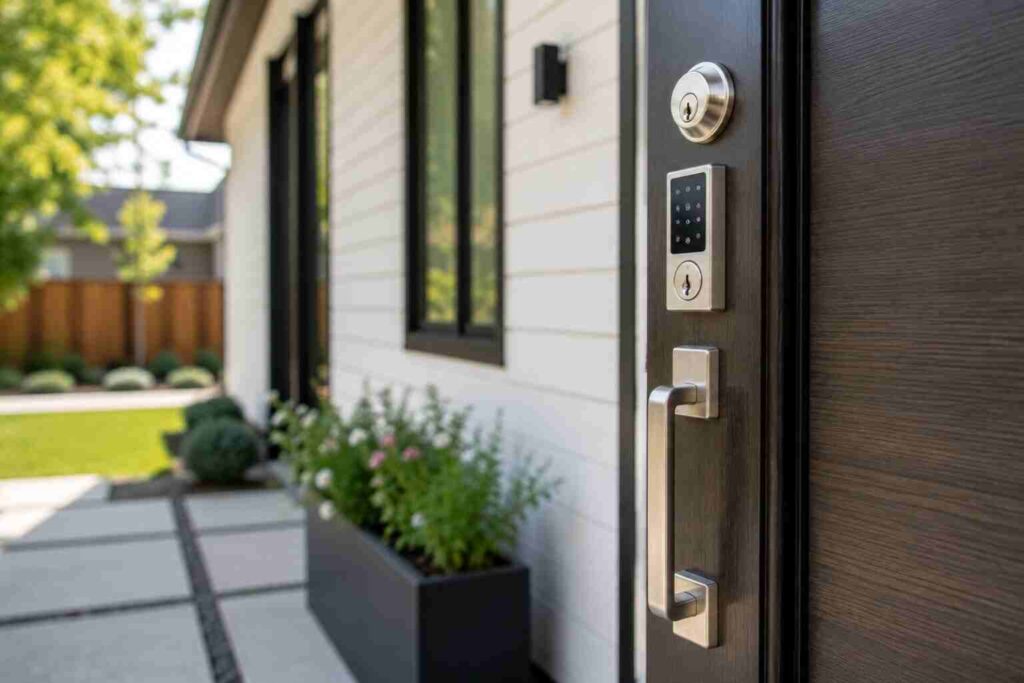 Smart lock and secure entry door installation for residential locksmith services in Urbana IL home exterior