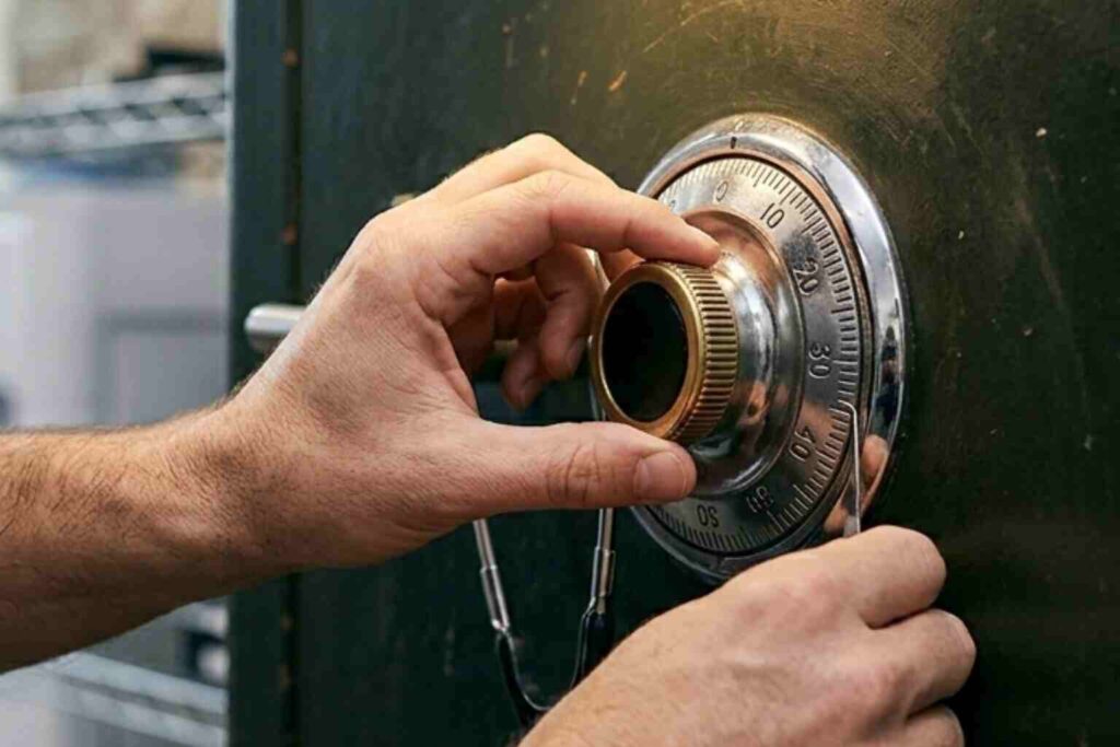 A skilled safe technician from a locksmith service in Mahomet, IL, uses specialized tools and non-destructive methods to open a large, vintage commercial safe, focusing on the combination dial.
