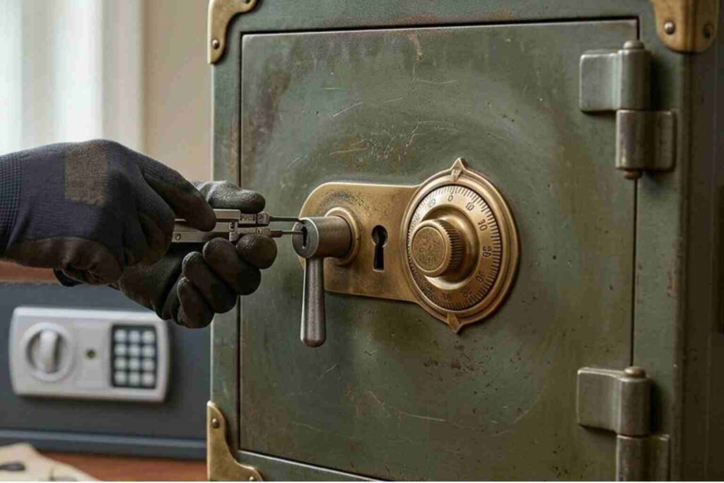 A skilled technician from a local Savoy, IL locksmith service performing non-destructive manipulation on a combination safe dial.