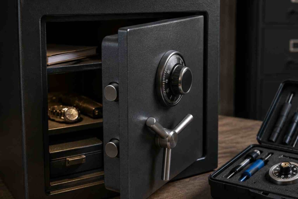 Professional safe opening service setup with unlocked security safe and locksmith tools in Urbana IL office environment