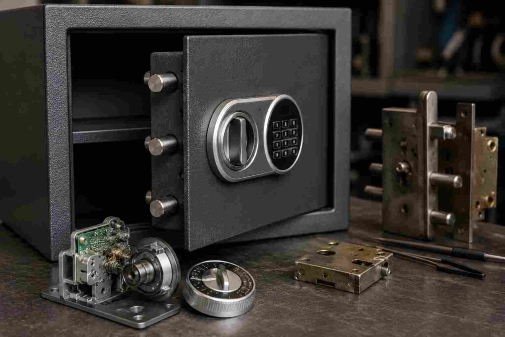 Safe opening service in Urbana IL showing an open security safe with repaired lock components and electronic module parts during safe lock repair and combination reset service.