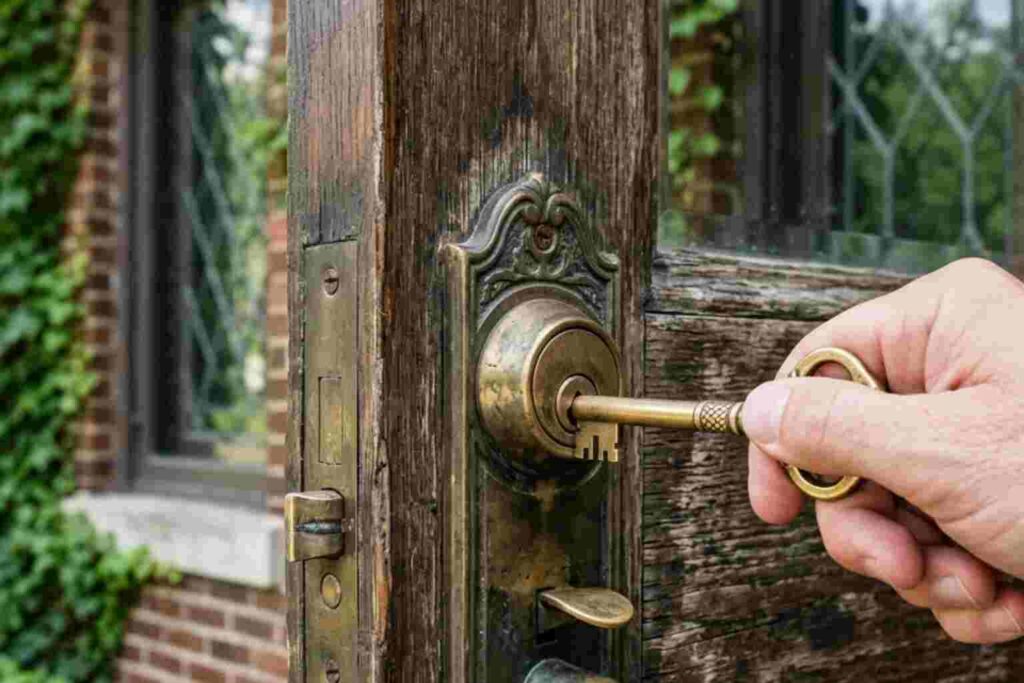 A close-up of a hand inserting an antique brass key into an old lock, showcasing the residential rekeying and installation services offered by a professional locksmith in Savoy, IL
