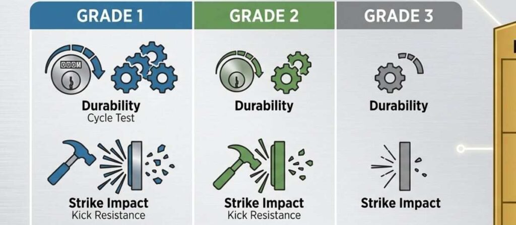 Comparison diagram showing difference between ANSI Grade 1 2 3 lock ratings and BHMA Secure Home AAA certification for residential door hardware