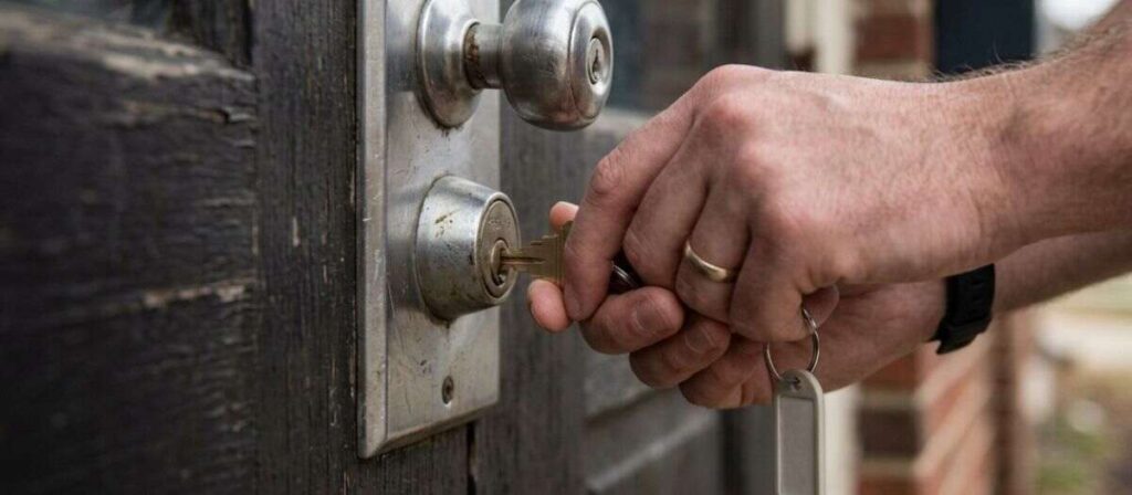 Renter dealing with apartment lockout in Urbana IL checking lease for property manager contact number outside building entrance