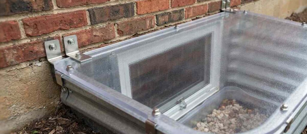 Secured basement window well cover protecting an overlooked entry point in a Champaign County home Suggested placement: Most Overlooked Entry Points section