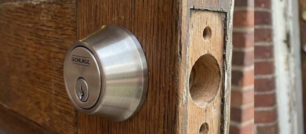 Best Deadbolts for Exterior Doors in Older Urbana Homes showing standard cylindrical bore preparation vs mortise lock pocket
