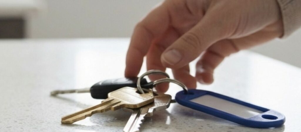 Set of house keys on a counter representing the moment to change locks after a separation or roommate move-out in Urbana IL
