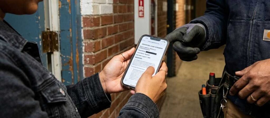 Tenant showing digital lease agreement on smartphone to locksmith during emergency lockout in Urbana Illinois