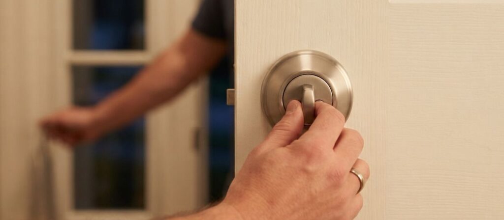 How to childproof doors and locks: Family exiting through a front door secured with a fire-safe childproof lock that meets Illinois egress requirements