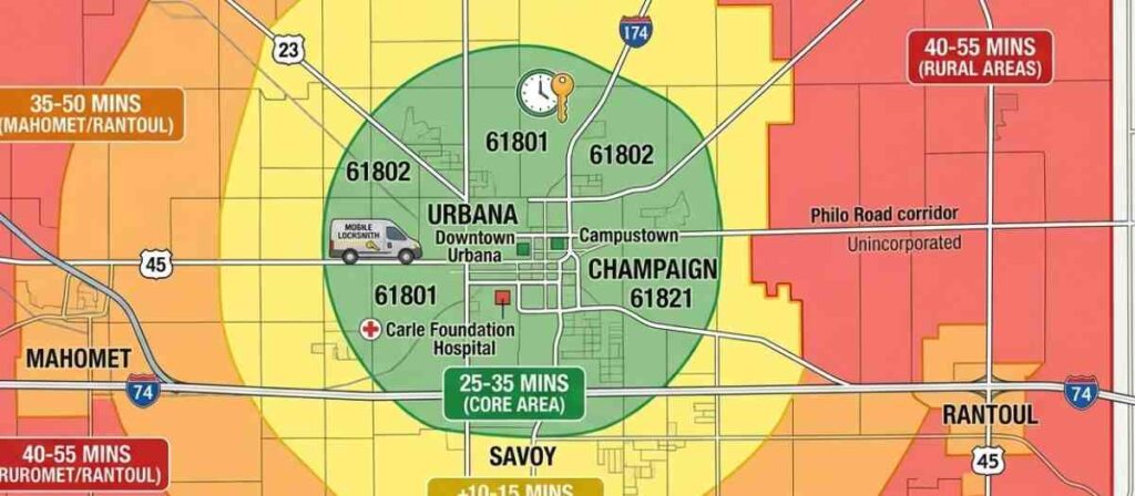 How long does a locksmith take to arrive across Champaign County Illinois showing response time zones from Urbana core to rural areas