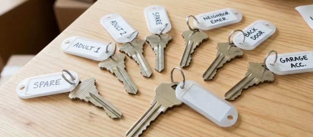 How many keys to cut when moving into a new home in Urbana Illinois. Set of house keys with labeled tags for different occupants and entry points