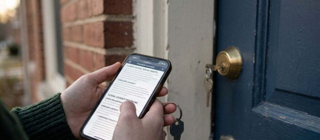 Tenant reviewing rights on mobile during illegal landlord lockout situation outside rental property in Urbana Illinois