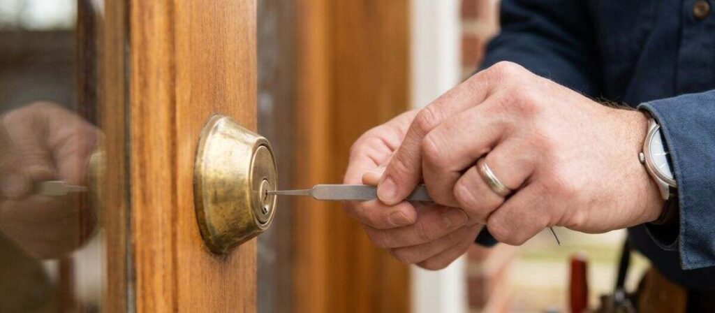 Licensed locksmith arriving at a residential property in Urbana Illinois with tools ready for emergency lockout service
