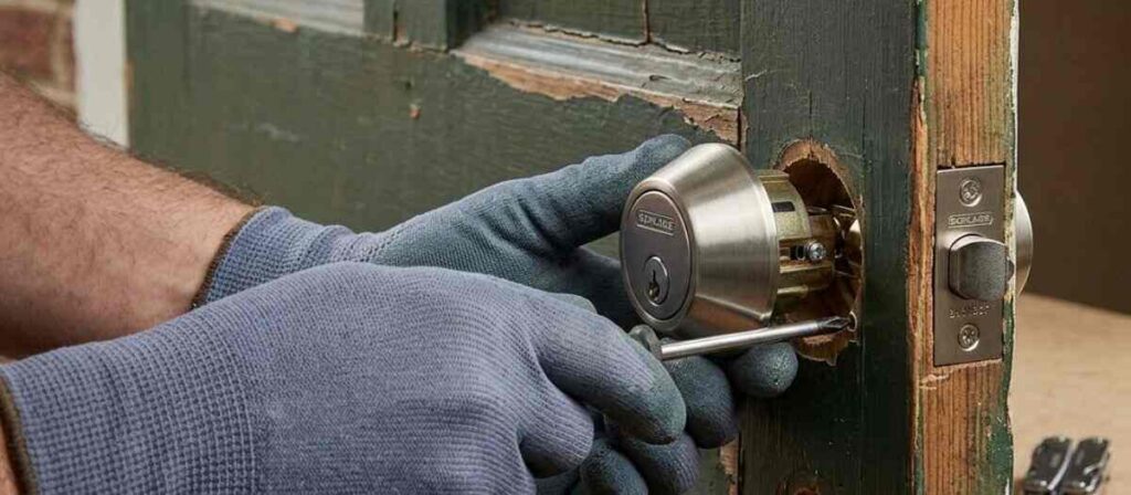 Licensed locksmith installing a Grade 1 deadbolt on an exterior door of an older home in Champaign County Illinois showing backset adjustment on non-standard door thickness