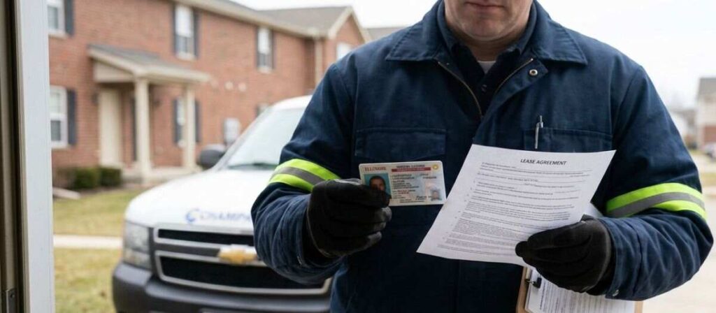 Homeowner showing photo ID and lease agreement to a licensed locksmith for identity verification in Champaign County Illinois