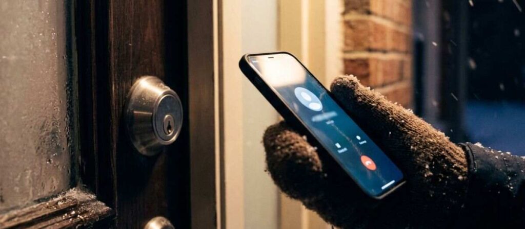Licensed locksmith responding to emergency residential lockout on a cold winter night in Urbana Illinois