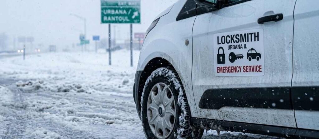 Mobile locksmith van navigating icy road conditions during Central Illinois winter weather causing response time delays in Champaign County