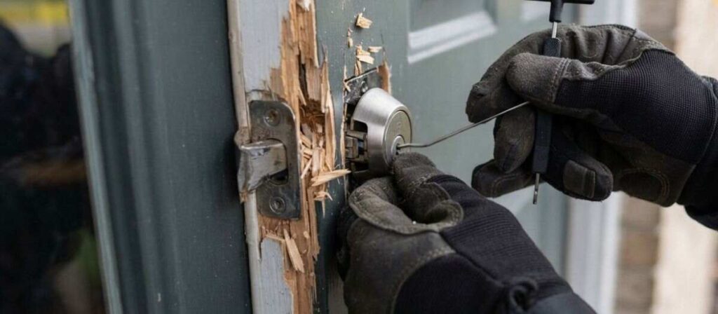 Locksmith security audit after a break-in on a damaged front door in an Urbana IL home