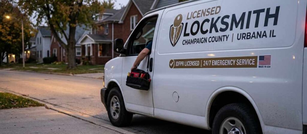 Licensed locksmith arriving at residential property in marked service van for emergency lockout call in Urbana Illinois within normal response time