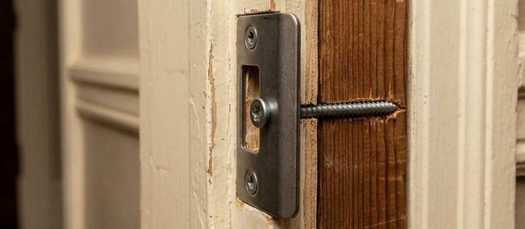 Reinforced strike plate with 3-inch security screws installed in older wood door frame of Urbana Illinois home showing structural framing penetration depth
