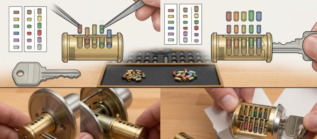 Diagram showing rekeying vs replacing locks process with pin tumbler lock cylinder components including key pins and driver pins