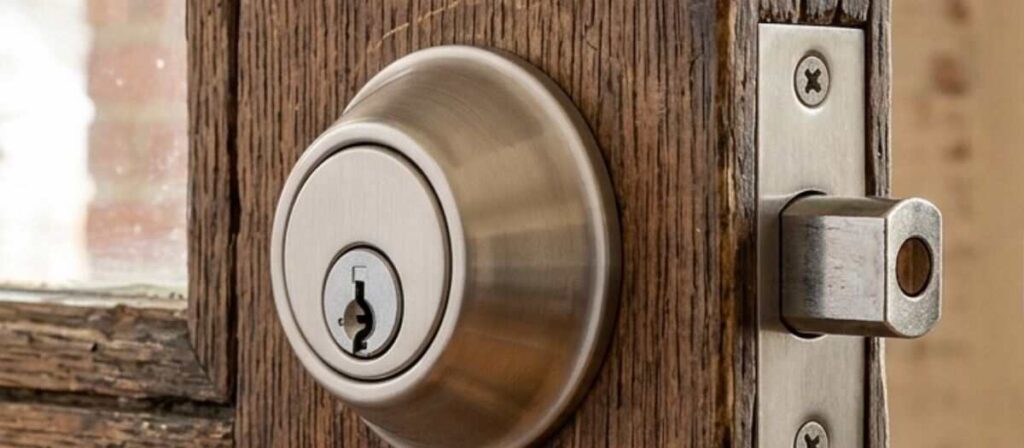 Side by side comparison of Schlage B60N and Kwikset 980 Grade 1 deadbolts for exterior door installation on older Urbana Illinois residential property