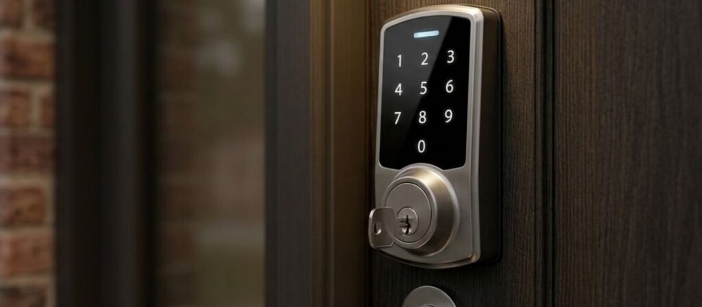 Smart lock keypad installed on front door of Urbana Illinois rental property as alternative to cutting multiple physical house keys