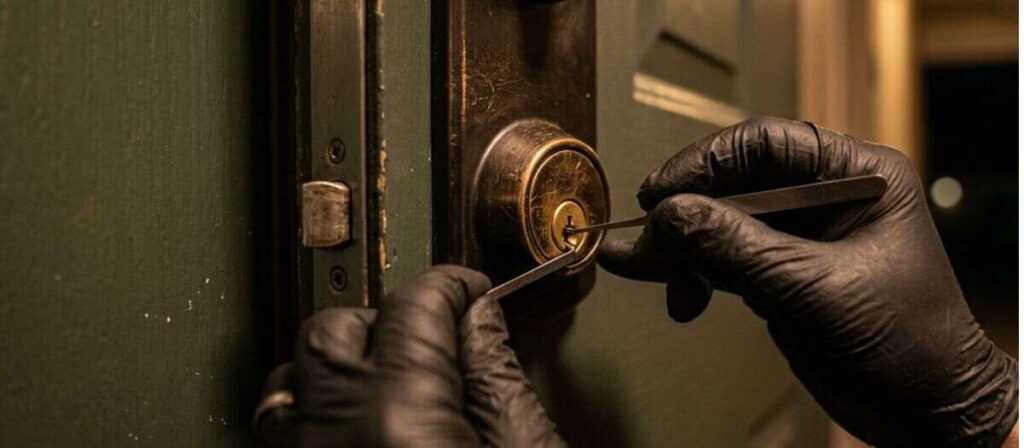 Licensed locksmith performing non-destructive entry on an apartment door lock during an after-hours lockout call in Urbana Illinois