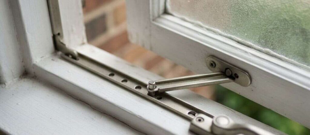 Ventilation lock holding a casement window open for airflow while keeping it secure Suggested placement: Ventilation Locks section