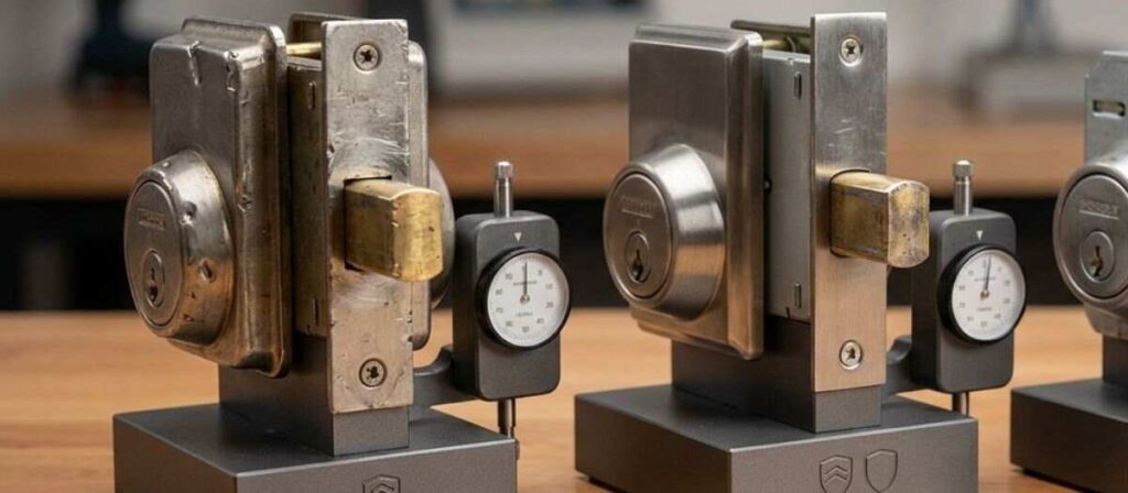What is a lock security grade? ANSI and BHMA grading system diagram showing Grade 1 Grade 2 and Grade 3 test requirements for residential door locks