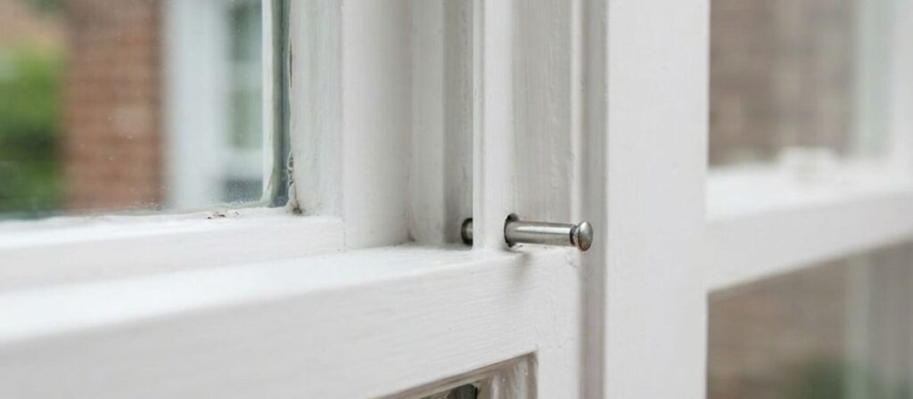 Double-hung window pin lock installed for window locks for home security in an Urbana IL home Suggested placement: Window Type Matrix section