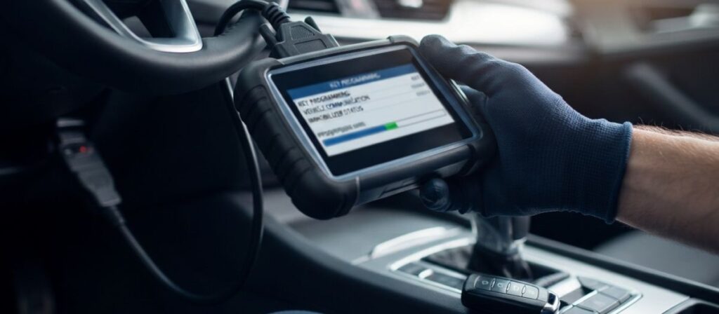 Locksmith using a professional OBD diagnostic tool for car key programming