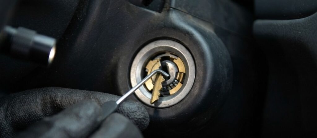 Close-up of a broken key extraction from a car ignition cylinder showing the snapped fragment
