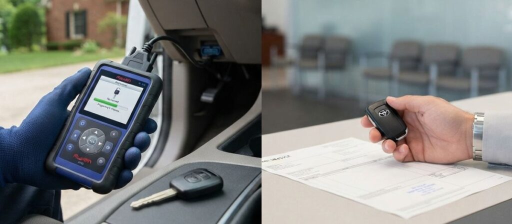 Mobile locksmith programming a car key replacement vs dealer key comparison shown side by side for an Urbana IL driver