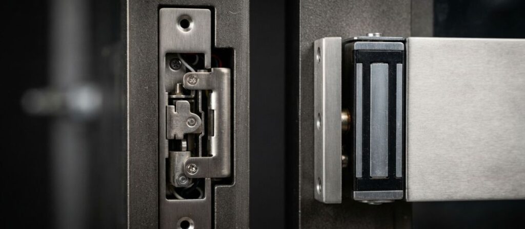 Electric strike vs magnetic lock mechanism comparison showing frame-mounted hardware