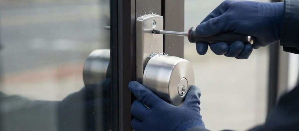 Locksmith installing Grade 1 commercial lock hardware on storefront door