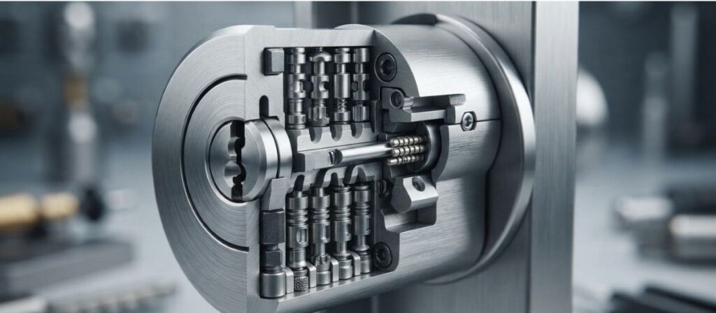 High security locks for commercial property showing UL 437 certified cylinder cutaway