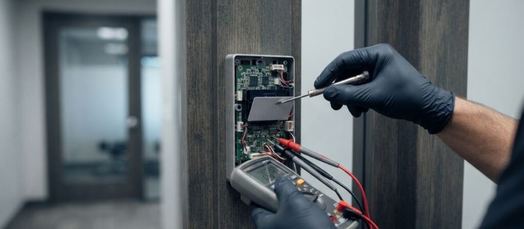 Technician diagnosing keycard access control malfunction for office lockout services