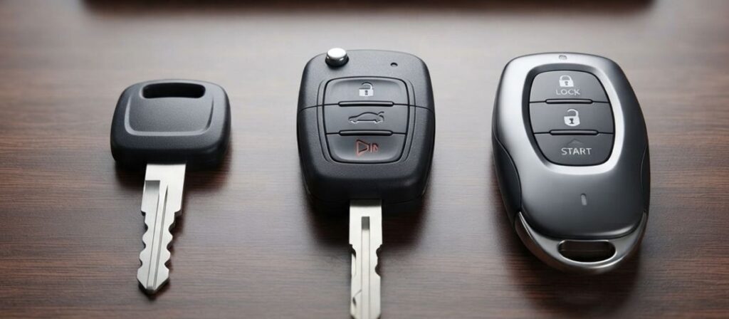 Comparison of traditional car key, transponder key, and smart key fob for lost car key