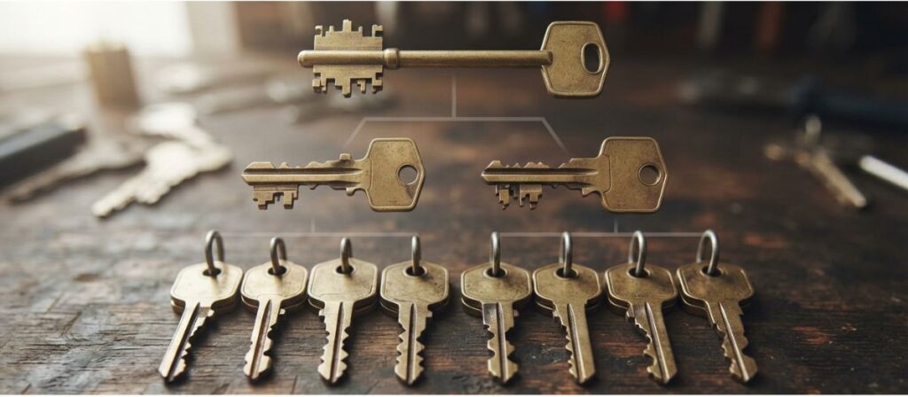 Master key hierarchy showing change key sub-master and master key levels for how master key systems work