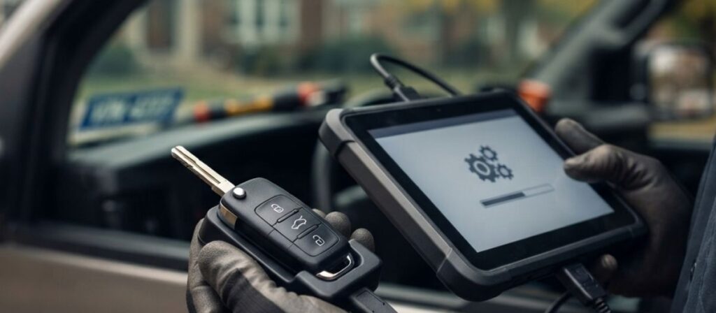 Mobile locksmith programming a transponder key for lost car key replacement in Urbana IL