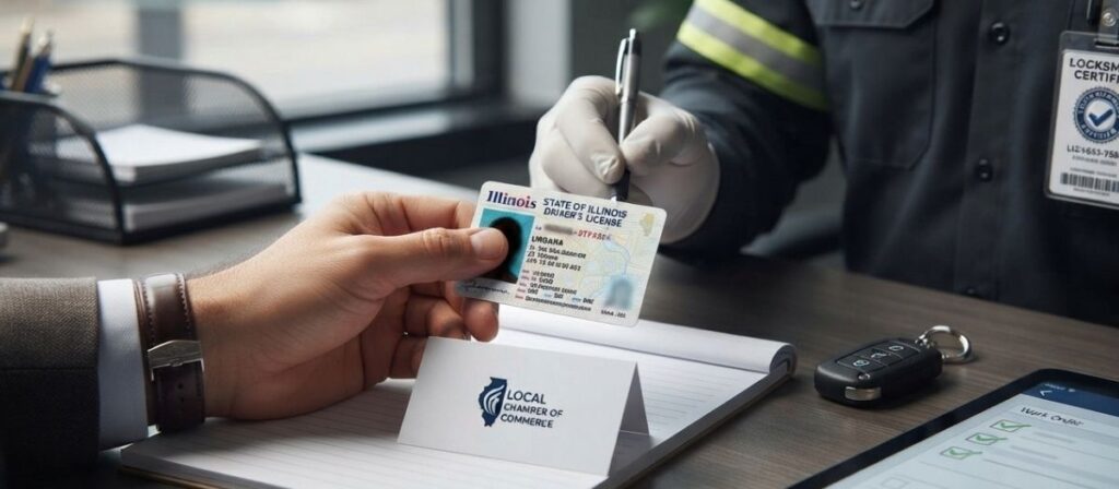Locksmith verifying business owner identity during office lockout services in Urbana IL