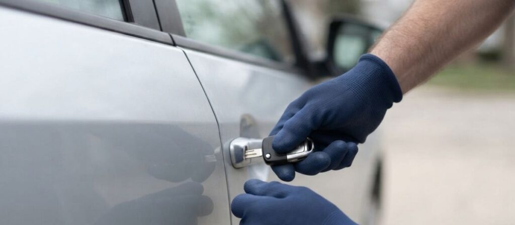 Locksmith testing lock and key function after a non-destructive car unlock in Urbana IL