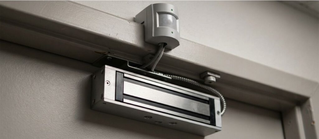 Request to exit sensor mounted above a maglock door in electric strike vs magnetic lock comparison