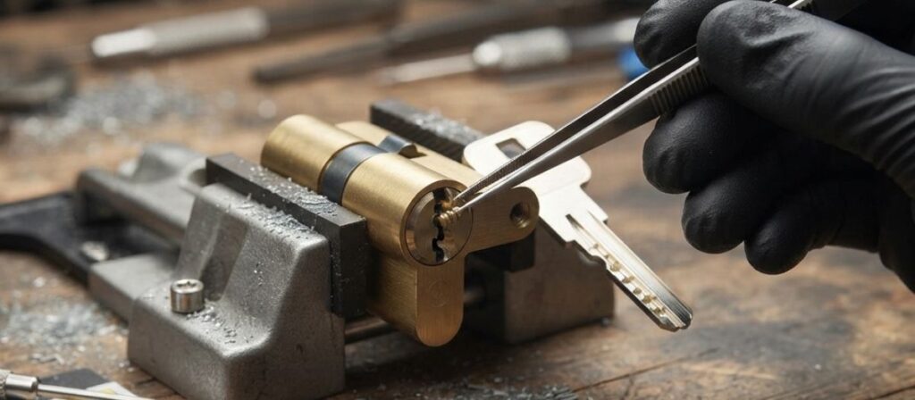 High-security restricted keyway cylinder installed during commercial rekeying after employee turnover